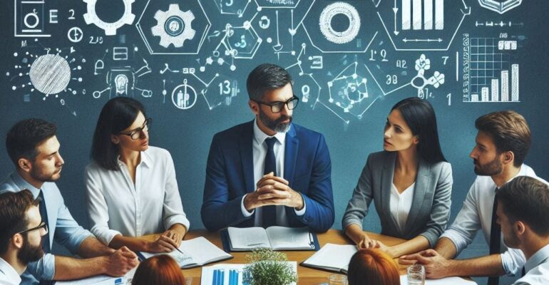 قائد تربوي وسط فريق تعليمي متعدد (رجال ونساء)، يتناقشون حول طاولة مستديرة، مع وجود رموز رقمية ورسوم بيانية على الشاشة خلفهم. (إيحاء بالقيادة التشاركية والتخطيط الذكي.)
