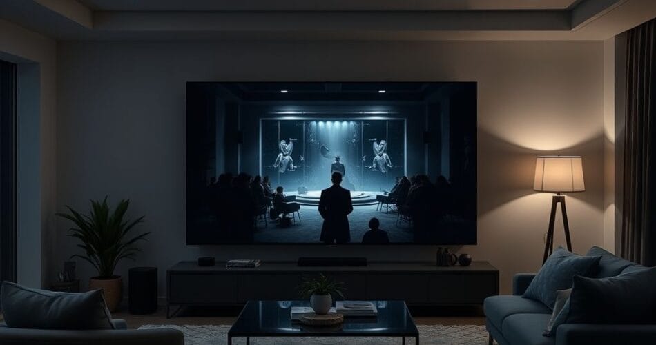 شاشة LG G5 OLED 2025 تعرض فيلمًا سينمائيًا بأسود مثالي.