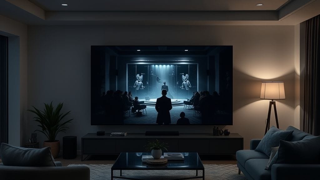 شاشة LG G5 OLED 2025 تعرض فيلمًا سينمائيًا بأسود مثالي.