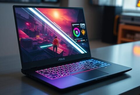 لاب توب ASUS ROG Zephyrus G16 مفتوح يعرض لعبة على شاشة OLED مع إضاءة RGB وتصميم أنيق.