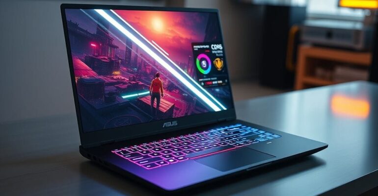 لاب توب ASUS ROG Zephyrus G16 مفتوح يعرض لعبة على شاشة OLED مع إضاءة RGB وتصميم أنيق.