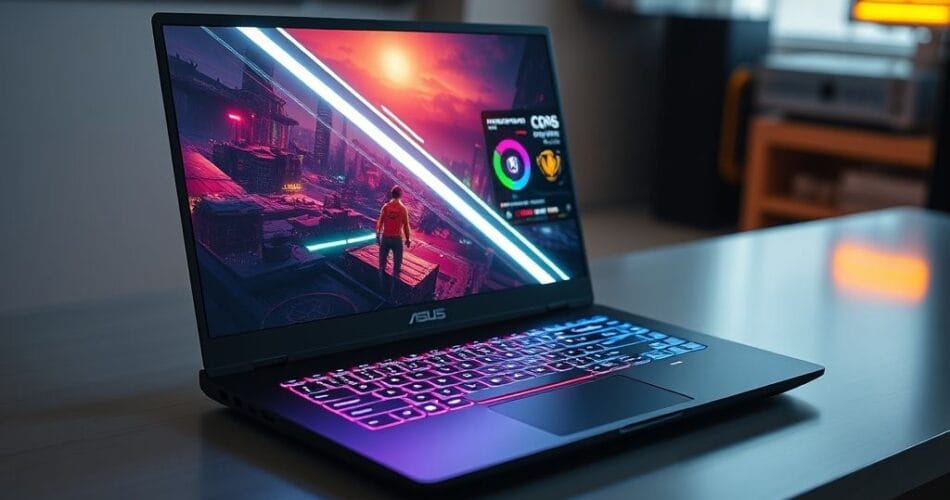 لاب توب ASUS ROG Zephyrus G16 مفتوح يعرض لعبة على شاشة OLED مع إضاءة RGB وتصميم أنيق.