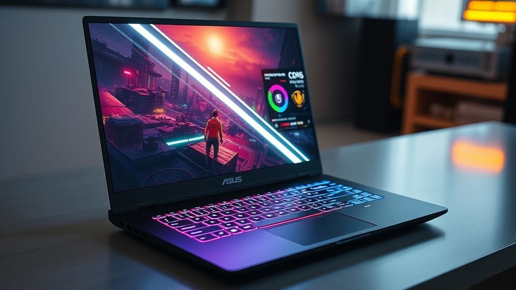 لاب توب ASUS ROG Zephyrus G16 مفتوح يعرض لعبة على شاشة OLED مع إضاءة RGB وتصميم أنيق.