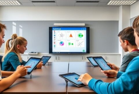 فصل دراسي ذكي يستخدم منصة EduMind لتعليم الرياضيات بطريقة تفاعلية.