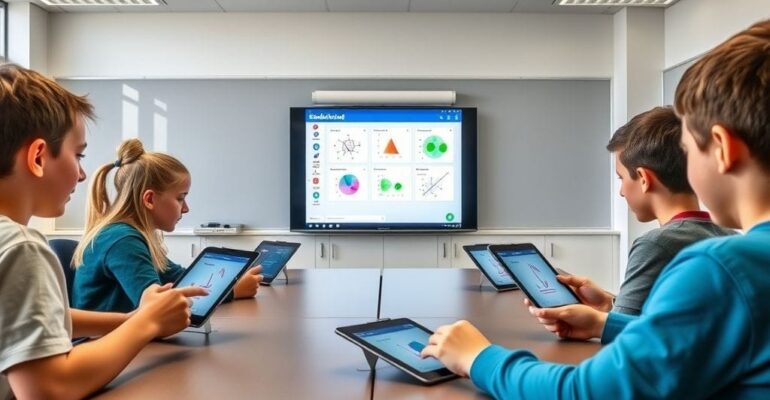 فصل دراسي ذكي يستخدم منصة EduMind لتعليم الرياضيات بطريقة تفاعلية.