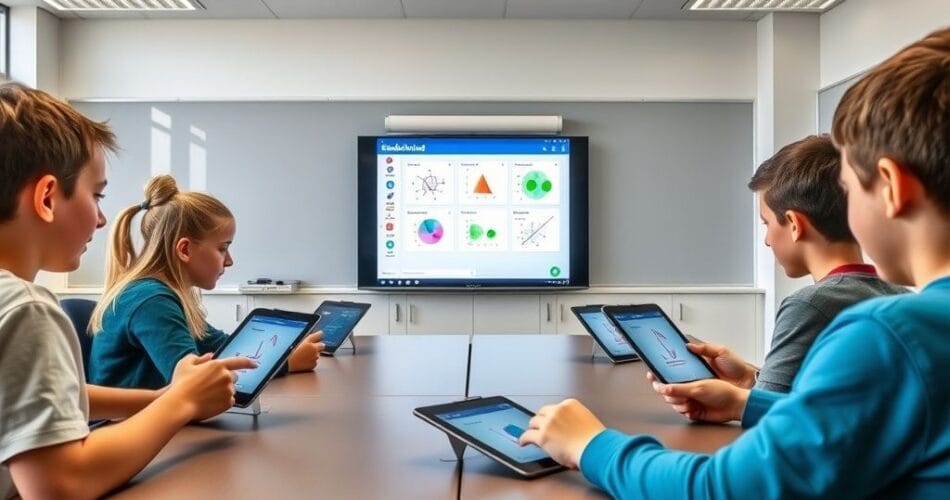 فصل دراسي ذكي يستخدم منصة EduMind لتعليم الرياضيات بطريقة تفاعلية.