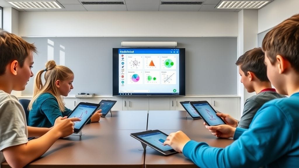 فصل دراسي ذكي يستخدم منصة EduMind لتعليم الرياضيات بطريقة تفاعلية.