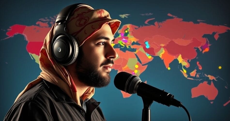 مبدع عربي يسجل بودكاست باستخدام تقنية استنساخ الصوت، مع خريطة عالمية تُبرز اللغات المدعومة.