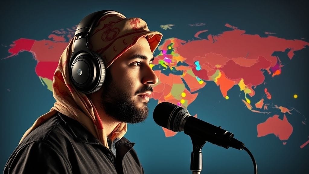 مبدع عربي يسجل بودكاست باستخدام تقنية استنساخ الصوت، مع خريطة عالمية تُبرز اللغات المدعومة.