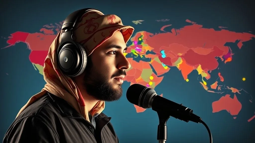 مبدع عربي يسجل بودكاست باستخدام تقنية استنساخ الصوت، مع خريطة عالمية تُبرز اللغات المدعومة.