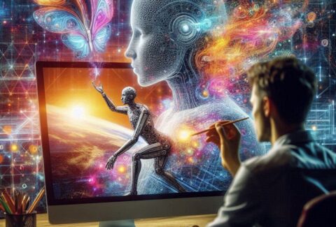 فنان يستخدم أداة ذكاء اصطناعي لتصميم 3D إبداعي.