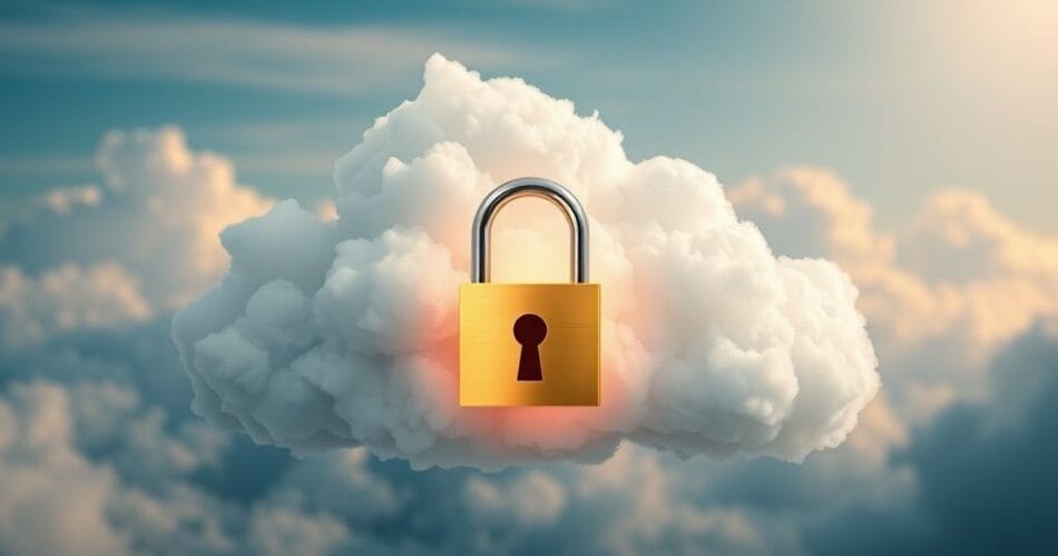 قفل ذهبي يغلق السحابة الرقمية للدلالة على أمان البيانات