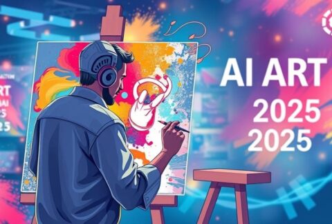 تعاون فنان وAI في إنشاء لوحة رقمية في معرض دبي 2025.