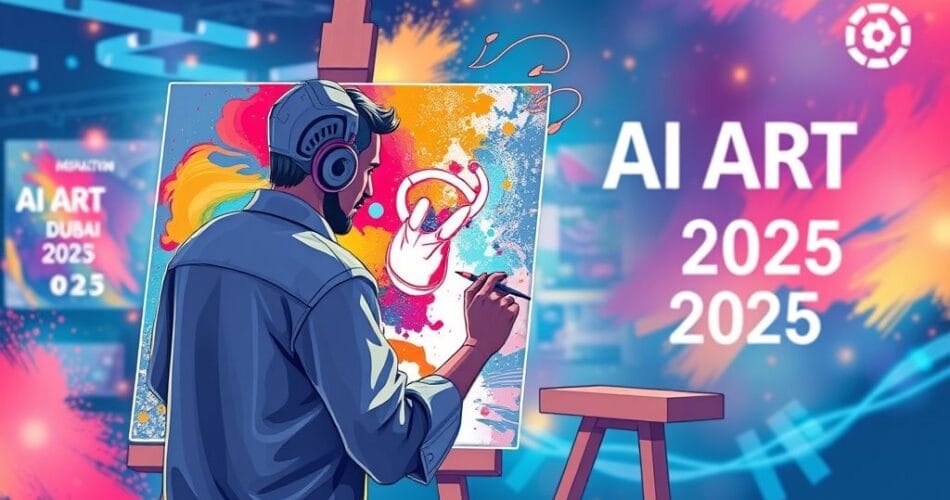 تعاون فنان وAI في إنشاء لوحة رقمية في معرض دبي 2025.