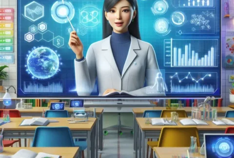 أفاتار ذكاء اصطناعي يقدم درس تعليمي تفاعلي في بيئة افتراضية.