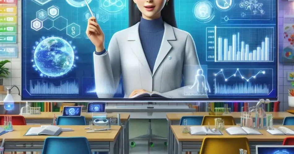 أفاتار ذكاء اصطناعي يقدم درس تعليمي تفاعلي في بيئة افتراضية.