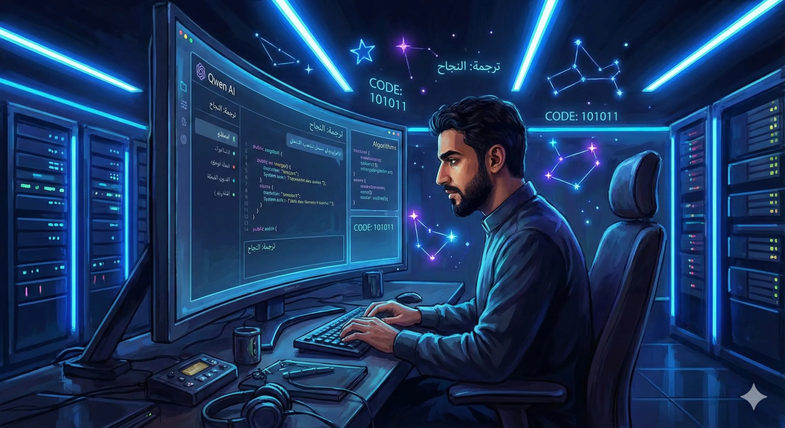 مطور يستخدم Qwen AI لتوليد كود متقدم وترجمة لغات.