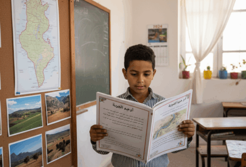تلميذ تونسي في الإعدادي أو الابتدائي يفتح كتابًا مدرسيًا يحتوي في إحدى صفحاته على QR Code، وفي الخلفية يظهر هاتف أو جهاز لوحي يعرض محتوى تفاعليًا: فيديو قصير، تجربة علمية، أو محاكاة.