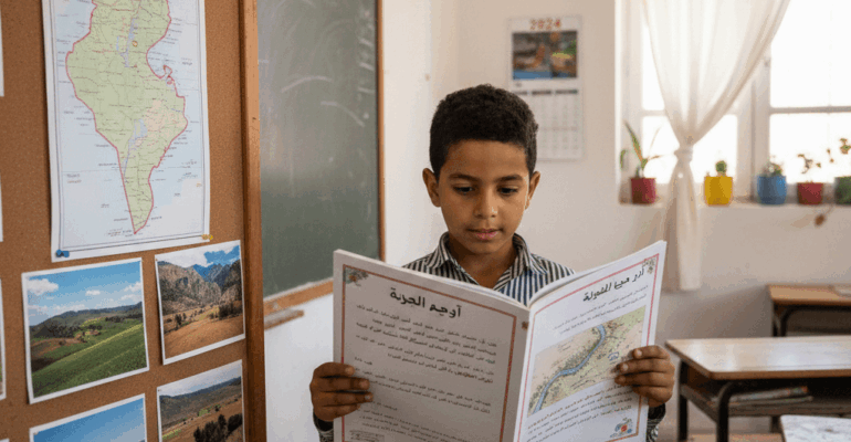تلميذ تونسي في الإعدادي أو الابتدائي يفتح كتابًا مدرسيًا يحتوي في إحدى صفحاته على QR Code، وفي الخلفية يظهر هاتف أو جهاز لوحي يعرض محتوى تفاعليًا: فيديو قصير، تجربة علمية، أو محاكاة.