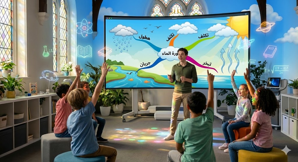 خريطة ذهنية تفاعلية مولدة بالذكاء الاصطناعي توضح دورة الماء بصور حية وألوان جذابة.