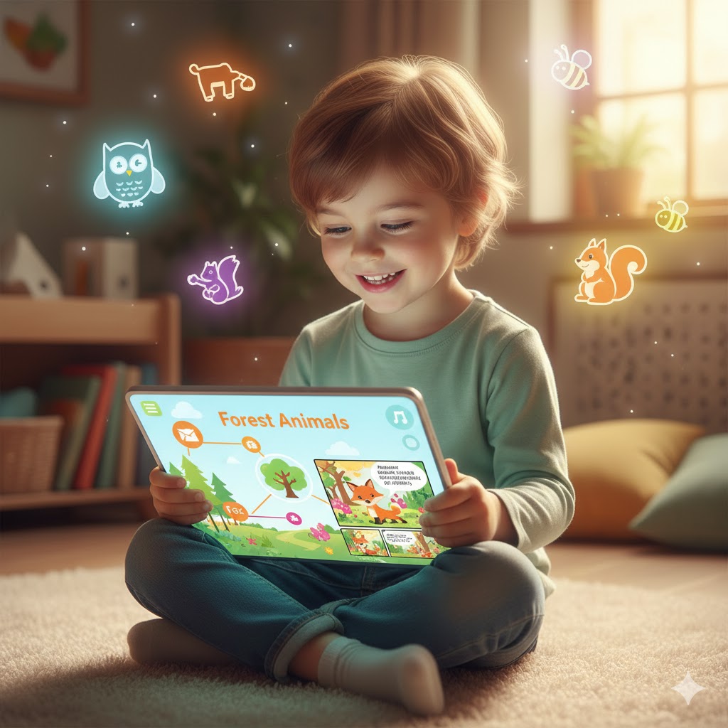طفل يتفاعل مع خريطة ذهنية مخصصة بالذكاء الاصطناعي تحتوي قصصاً مصورة.