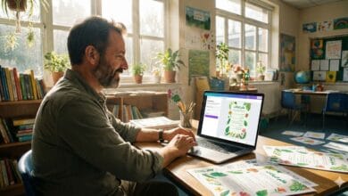 معلم يستخدم Canva AI لتصميم أوراق عمل تعليمية تلقائياً.