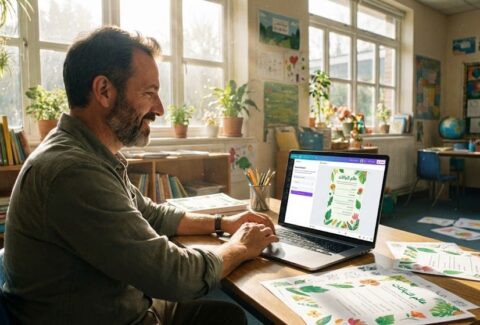 معلم يستخدم Canva AI لتصميم أوراق عمل تعليمية تلقائياً.