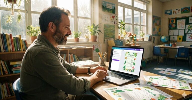 معلم يستخدم Canva AI لتصميم أوراق عمل تعليمية تلقائياً.