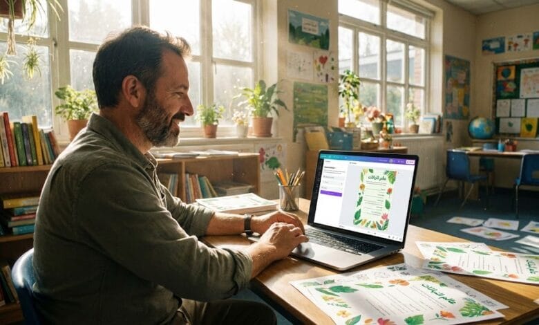 معلم يستخدم Canva AI لتصميم أوراق عمل تعليمية تلقائياً.