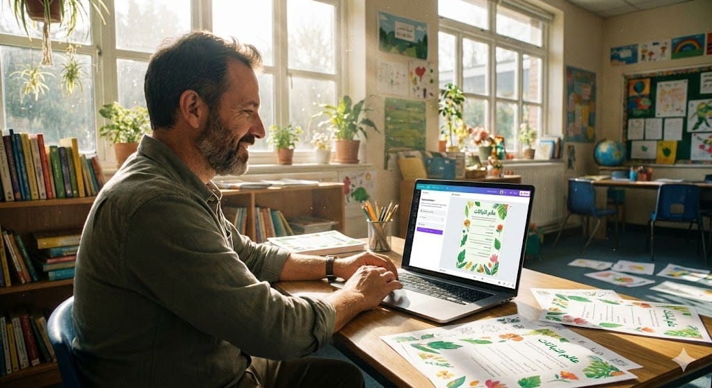 معلم يستخدم Canva AI لتصميم أوراق عمل تعليمية تلقائياً.