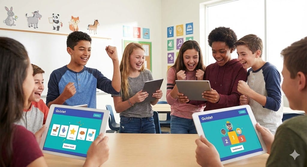 طلاب يتفاعلون مع مواد تعليمية مولدة بالذكاء الاصطناعي عبر Quizlet.