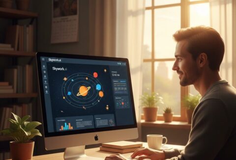معلم يستخدم منصة Skywork.ai لإنشاء عرض تقديمي تفاعلي عن الفضاء