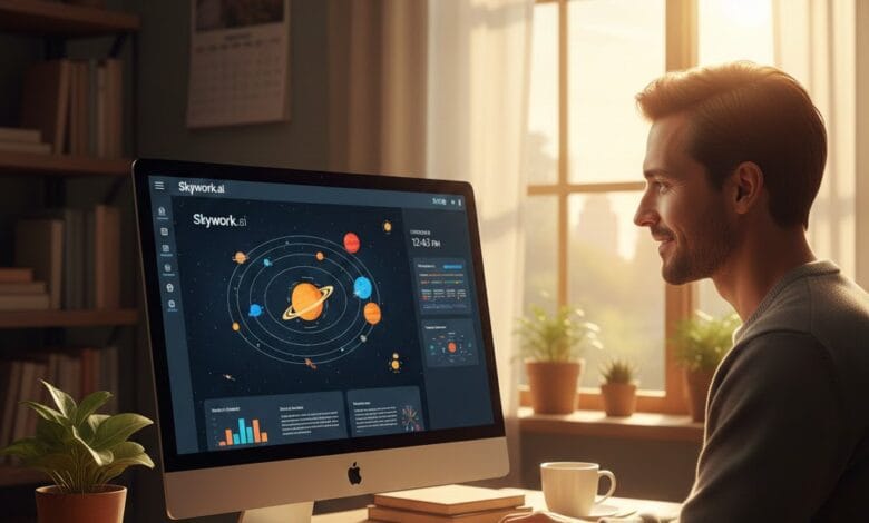 معلم يستخدم منصة Skywork.ai لإنشاء عرض تقديمي تفاعلي عن الفضاء