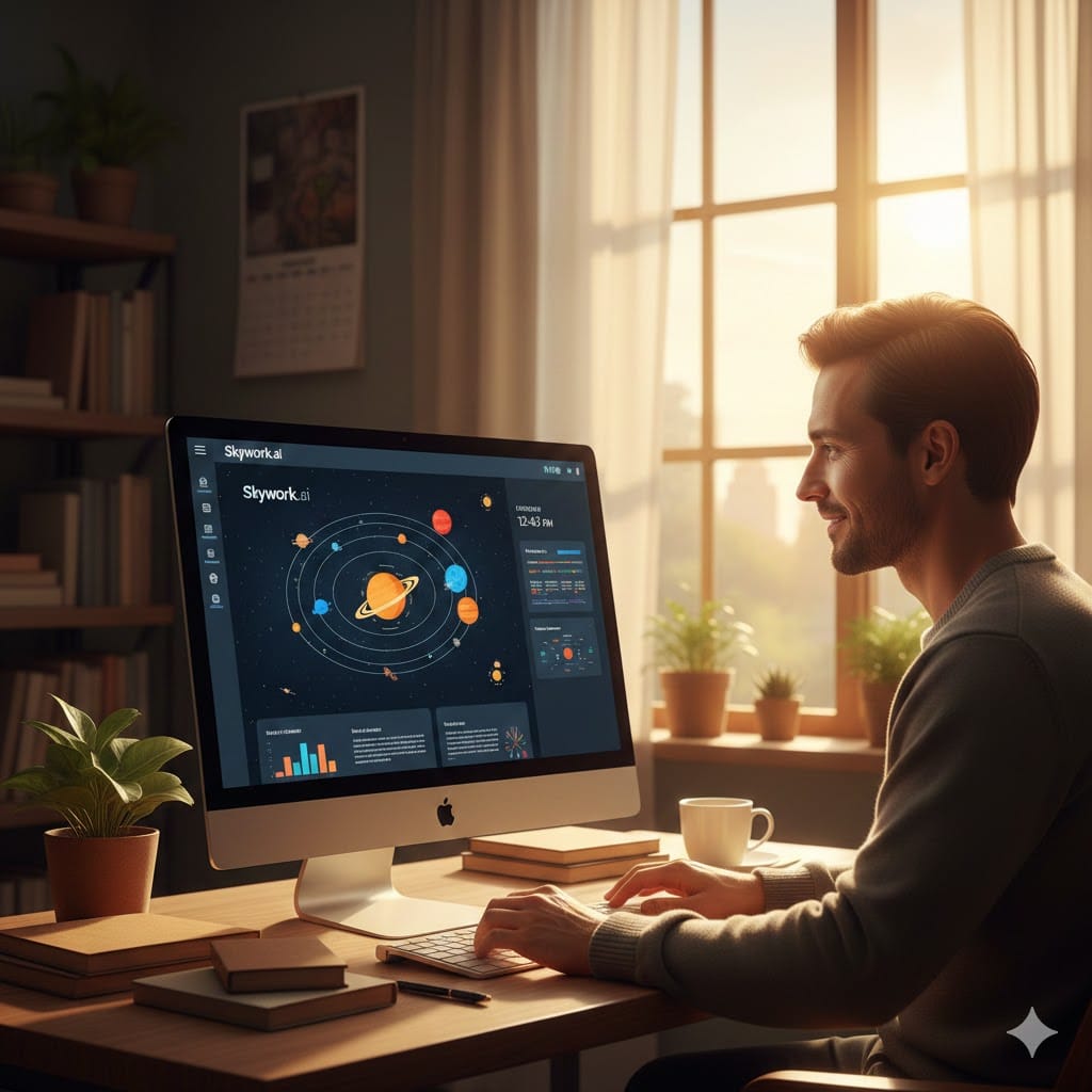 معلم يستخدم منصة Skywork.ai لإنشاء عرض تقديمي تفاعلي عن الفضاء