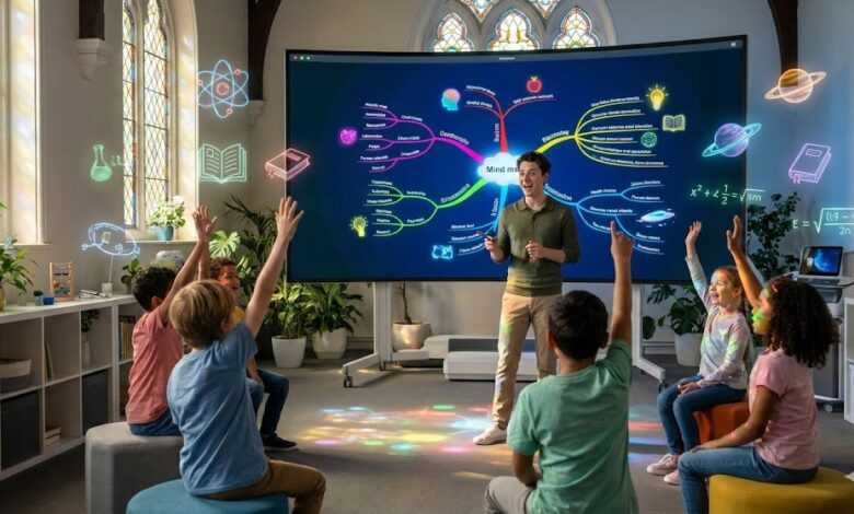 معلم يعرض خريطة ذهنية تفاعلية بذكاء اصطناعي لطلاب متحمسين في فصل دراسي عصري.