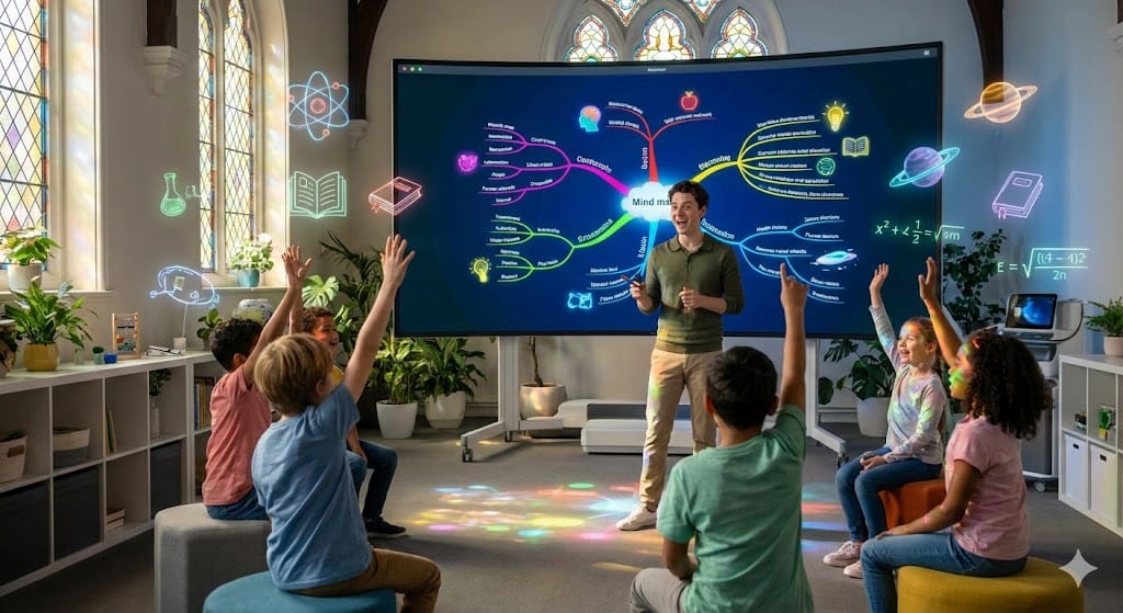 معلم يعرض خريطة ذهنية تفاعلية بذكاء اصطناعي لطلاب متحمسين في فصل دراسي عصري.